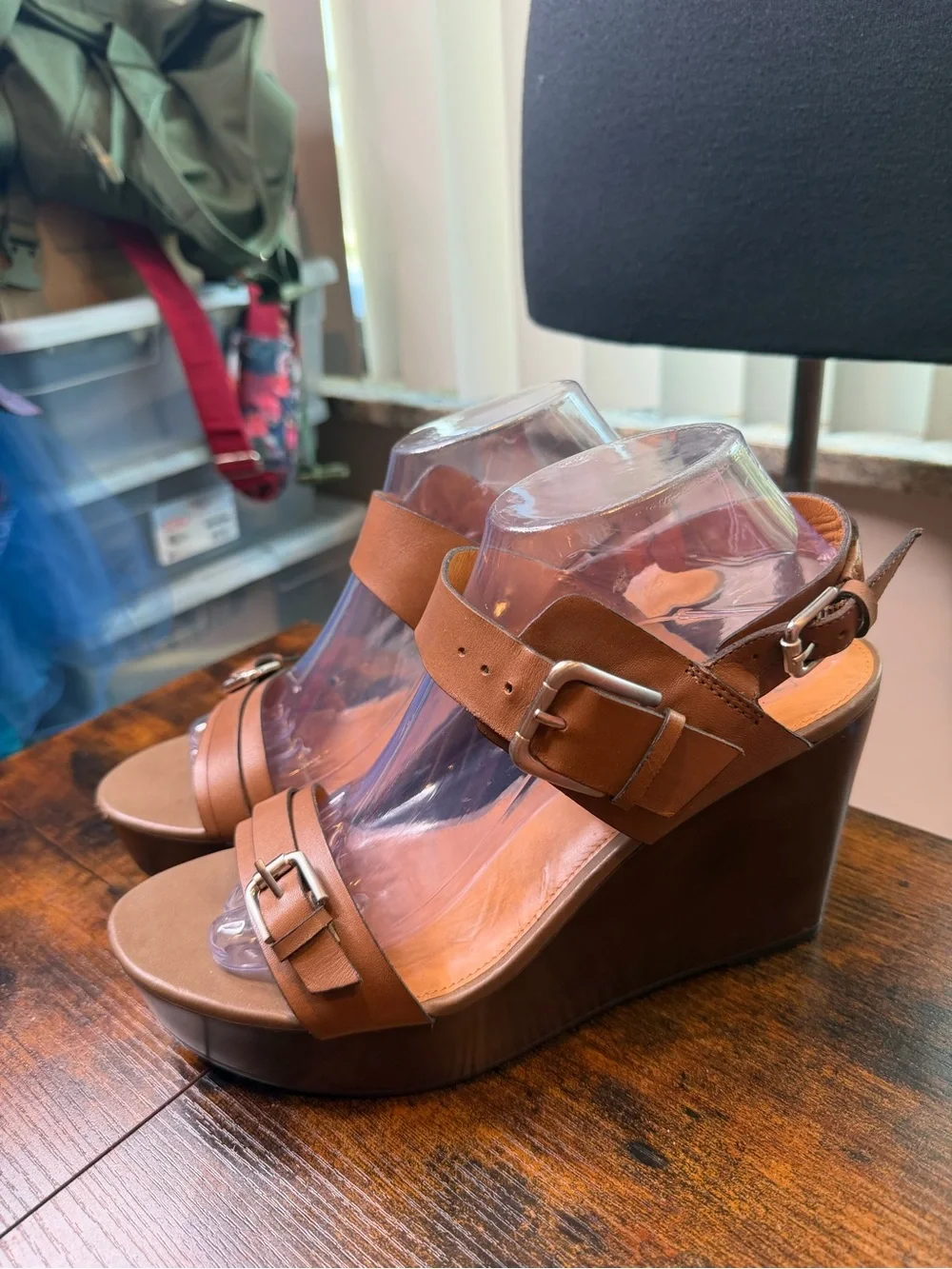 Franco Sarto Divine wedge sandals brown leather straps metallic buckle Size 9.5